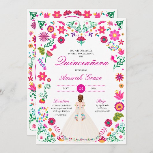 Wit Roze Otomi Borduurwerk Quinceañera uitnodiging (Voorkant / Achterkant)