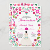 Wit Roze Otomi Borduurwerk Quinceañera uitnodiging (Voorkant / Achterkant)