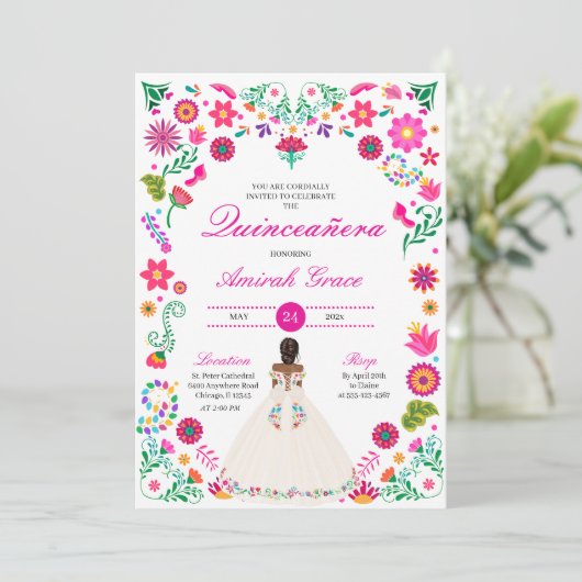 Wit Roze Otomi Borduurwerk Quinceañera uitnodiging (Staand voorkant)