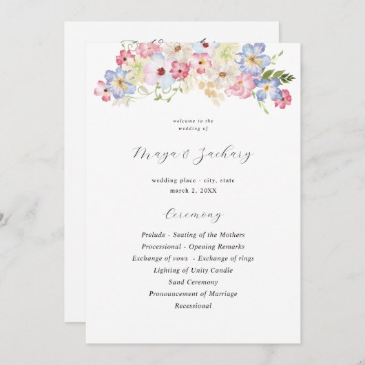 Wit Roze & Paarse Bloemen Trouwceremonie Programma (Voorkant / Achterkant)