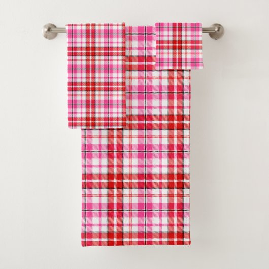 Wit Roze Rood Geruit Schotse Ruit Ontwerp Bad Handdoek (Insitu)