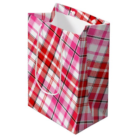 Wit Roze Rood Geruit Schotse Ruit Ontwerp Medium Cadeauzakje (Voorkant Gekanteld)