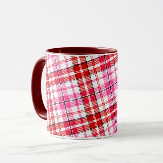 Wit Roze Rood Geruit Schotse Ruit Ontwerp Mok (Voorkant links)