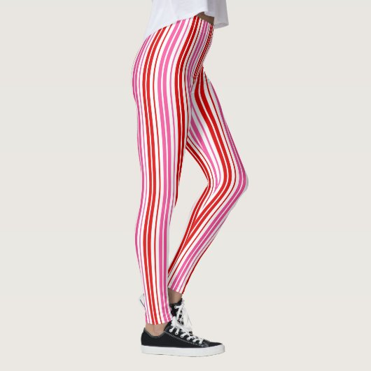 Wit Roze Rood Verticaal Strepen Design Leggings (Rechts)