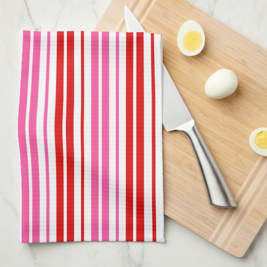 Wit Roze Rood Verticaal Strepen Design Theedoek (Quarter Fold)