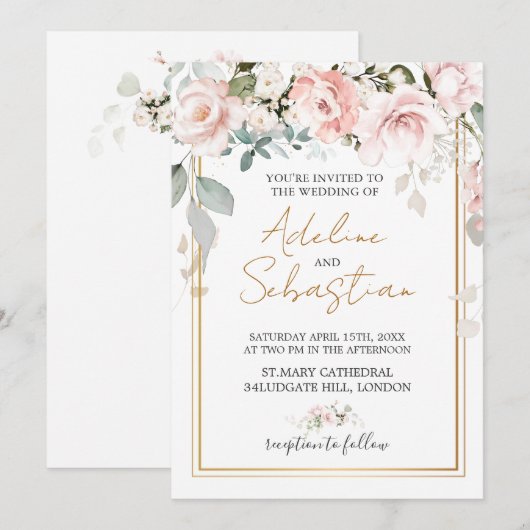 Wit Roze Rozen Bruiloft Kaart (Voorkant / Achterkant)