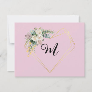  wit roze rozen gouden hart monogram feestdagenkaart