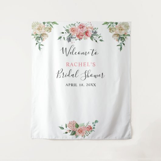 Wit Roze Rozen Waterverf Welkom Bruidsfeest Wandkleed (Voorkant)