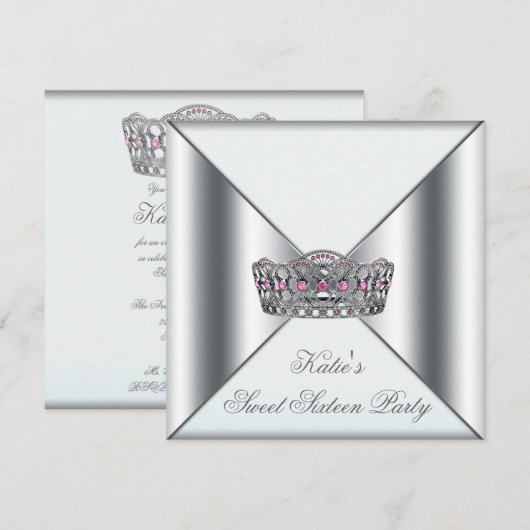 Wit Roze Tiara Wit Zoet 16 Party Kaart (Voorkant / Achterkant)
