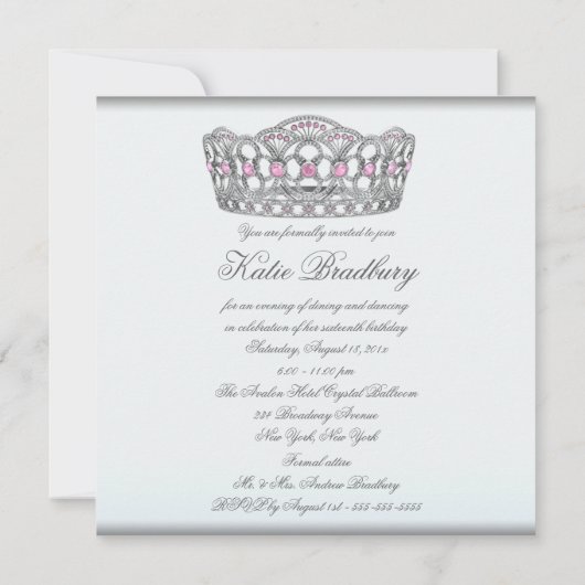 Wit Roze Tiara Wit Zoet 16 Party Kaart (Achterkant)