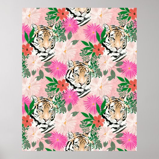  wit roze tijger - Floral schilderen Poster (Voorkant)