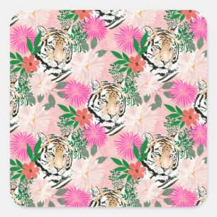 wit roze tijger - Floral schilderen Vierkante Sticker