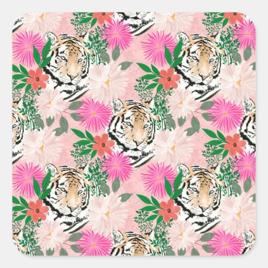wit roze tijger - Floral schilderen Vierkante Sticker (Voorkant)