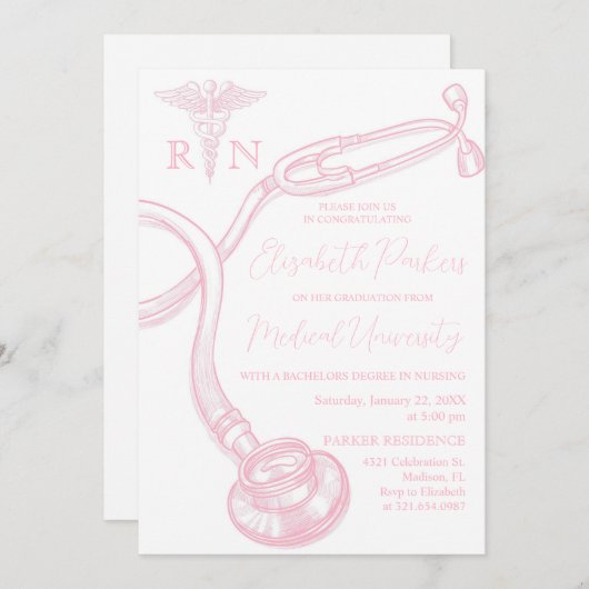Wit Roze Verpleegkunde School Afstudeerfeest Kaart (Voorkant / Achterkant)