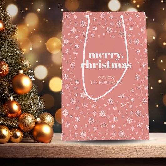 Wit Roze Vrolijk Kerstmissneeuwvlok Patroon Medium Cadeauzakje