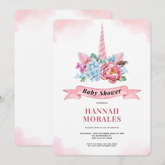 Wit Roze Waterverf Baby shower Invitation Kaart (Voorkant / Achterkant)