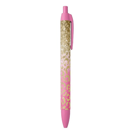 Wit Roze Waterverf Gouden Glam Leopard Glitter Zwarte Inkt Pen (Achterkant (Verticaal))
