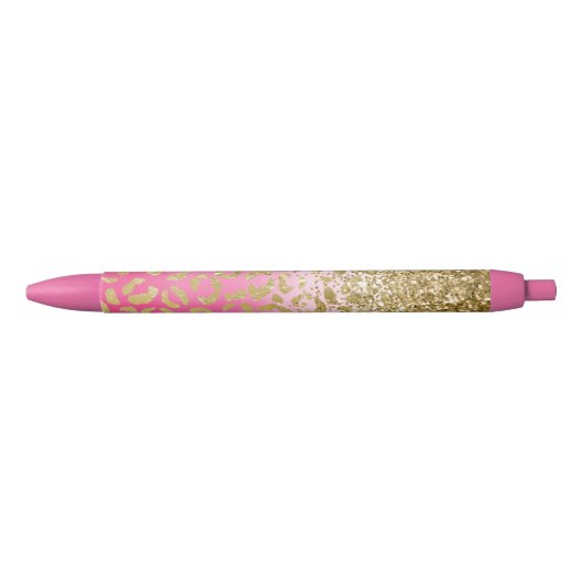 Wit Roze Waterverf Gouden Glam Leopard Glitter Zwarte Inkt Pen (Voorkant)
