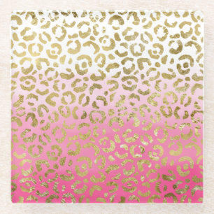 Wit Roze Waterverf Gouden Glam Luipaard Print Glazen Onderzetter
