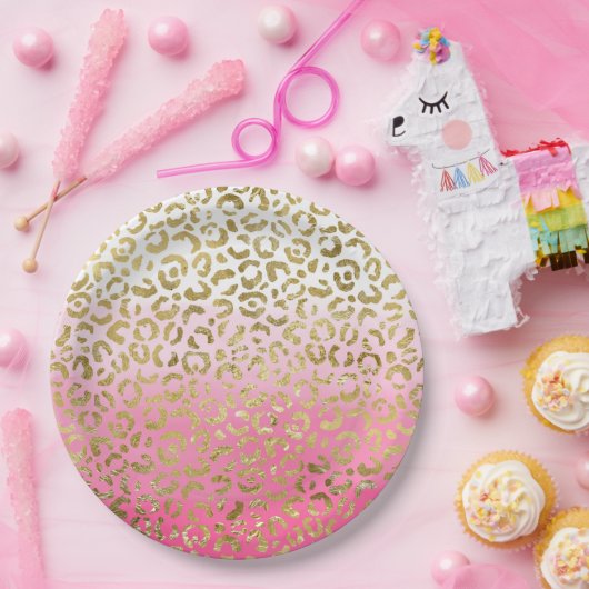 Wit Roze Waterverf Gouden Glam Luipaard Print Papieren Bordje (Feest)