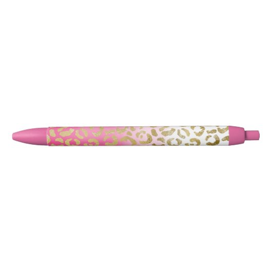 Wit Roze Waterverf Gouden Glam Luipaard Print Zwarte Inkt Pen (Voorkant)