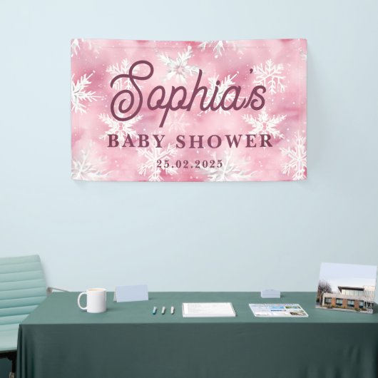 Wit Roze Winter Sneeuwvlok Patroon Meisje Party Spandoek (Beurs)