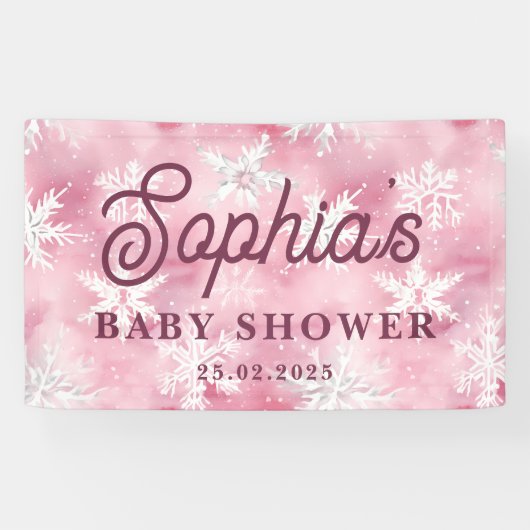 Wit Roze Winter Sneeuwvlok Patroon Meisje Party Spandoek (Horizontaal)