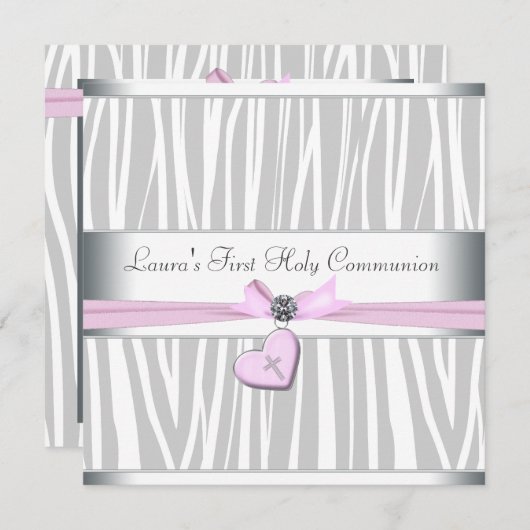 Wit Roze Zebra Hart Roze Kruis Eerste Communie Kaart (Voorkant / Achterkant)