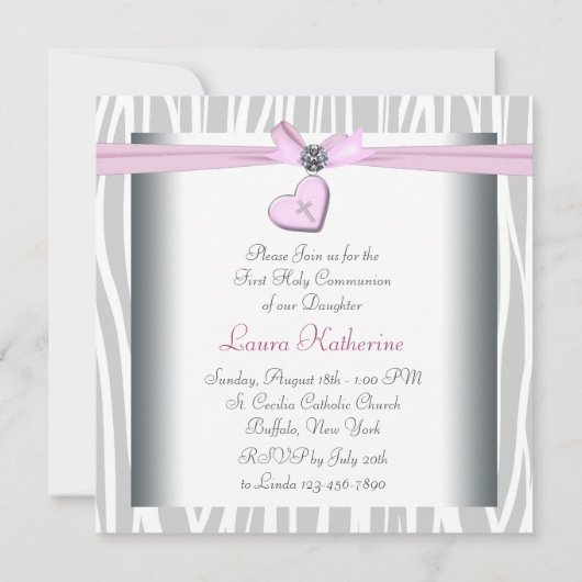 Wit Roze Zebra Hart Roze Kruis Eerste Communie Kaart (Achterkant)