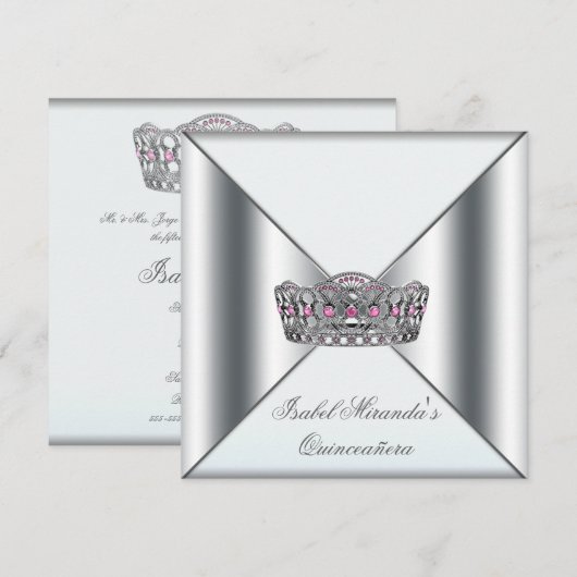 Wit Roze Zilver Tiara Quinceanera 15e Partij Kaart (Voorkant / Achterkant)