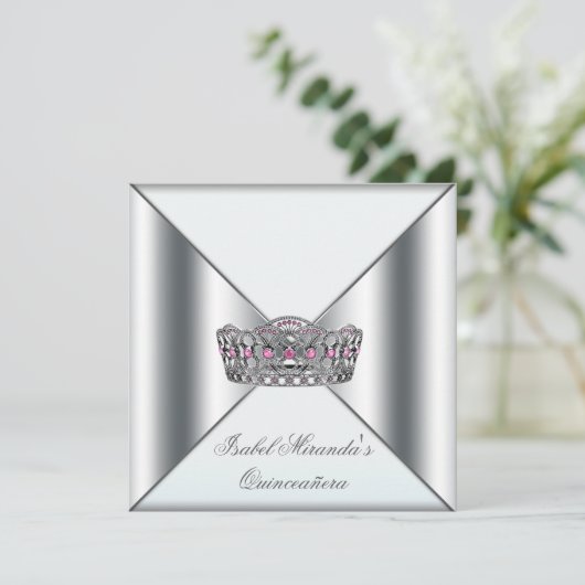 Wit Roze Zilver Tiara Quinceanera 15e Partij Kaart (Staand voorkant)