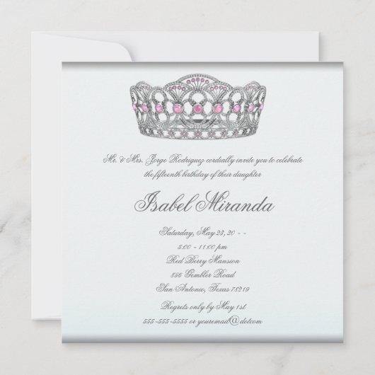 Wit Roze Zilver Tiara Quinceanera 15e Partij Kaart (Achterkant)