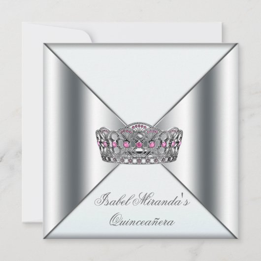 Wit Roze Zilver Tiara Quinceanera 15e Partij Kaart (Voorkant)