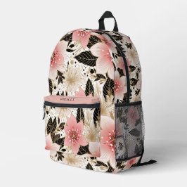 Wit Roze Zwart Bloem Patroon Modern Monogram Bedrukte Rugzak