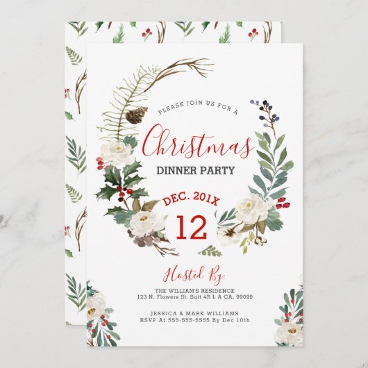 Wit rozen en kerstfeest nodigt u uit kaart (Voorkant / Achterkant)