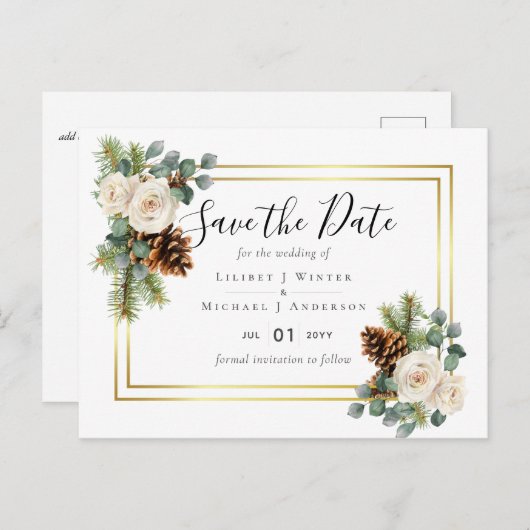 Wit rozen goudpuin blauw briefkaart (Voorkant / Achterkant)