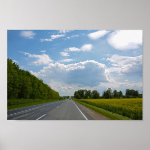 Wit-Rusland Road Canola Fields Flowers Sky Poster