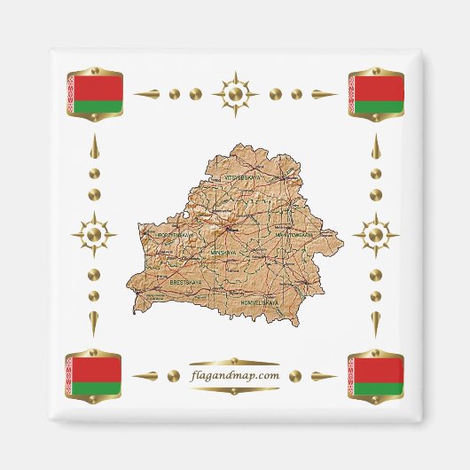 Wit-Russische kaart + Vlaggen Magnet (Voorkant)