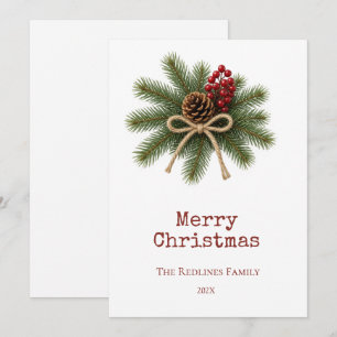 Wit Rustic Denneappel & Groene Vrolijke Kerstmis Feestdagenkaart