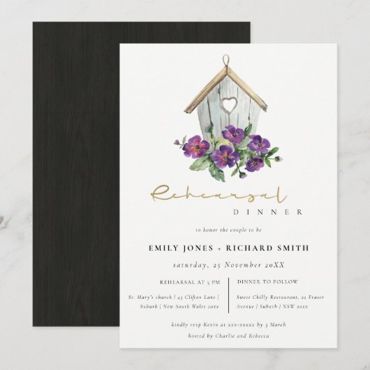 WIT RUSTIC FLORAL BIRDHOUSE REHEARSAL DINNER KAART (Voorkant / Achterkant)