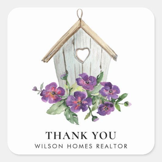 WIT RUSTIEK BLOEMEN VOGELHUIS DANK U REALTOR VIERKANTE STICKER (Voorkant)