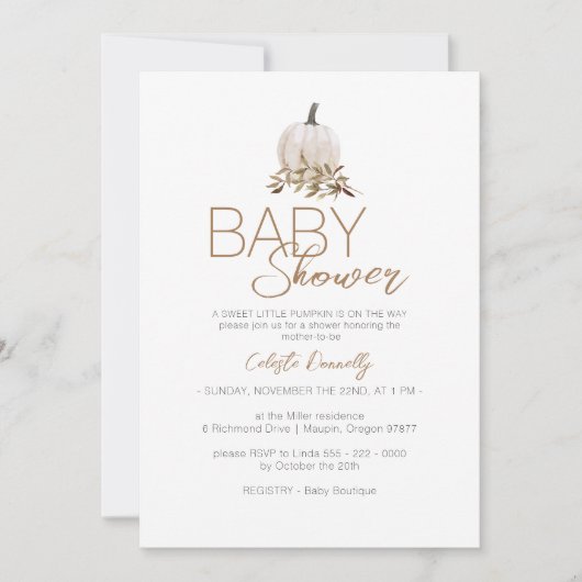 Wit Rustiek Boho Pompoen Neutraal Baby shower Kaart (Voorkant)