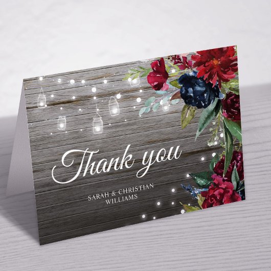 Wit Rustiek Hout Bourgondië Floral Lights Bruiloft Bedankkaart