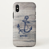 Wit rustiek hout met blauw nautisch bootanker Case-Mate iPhone case (Achterkant)