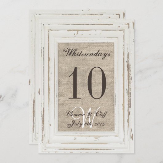 Wit Rustiek Lijst & Burlap Print Tafelnummer voor (Voorkant / Achterkant)