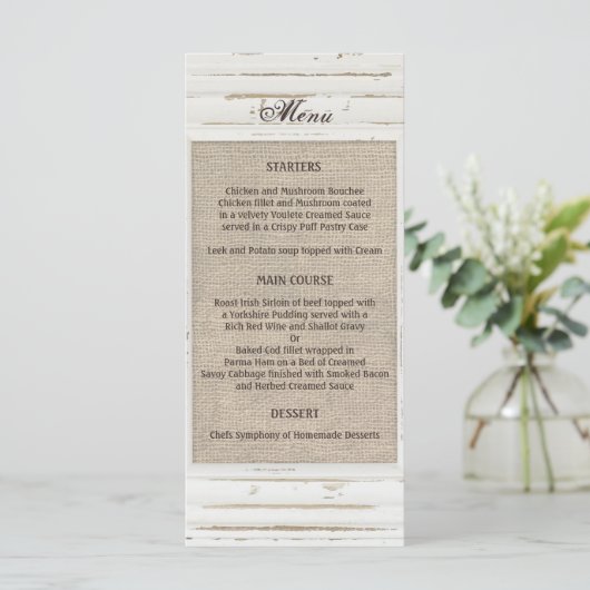 Wit Rustiek Lijst Burlap Wedding Menu (Staand voorkant)