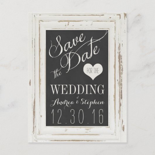 Wit Rustiek Lijst Chalk Typografie Save the Date Aankondigingskaart (Voorkant)