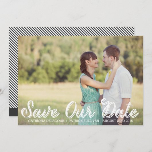 Wit rustiek script Bewaar onze datum aankondiging (Voorkant / Achterkant)