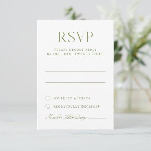 Wit & Sage Green Elegant Wedding RSVP Card (Staand voorkant)