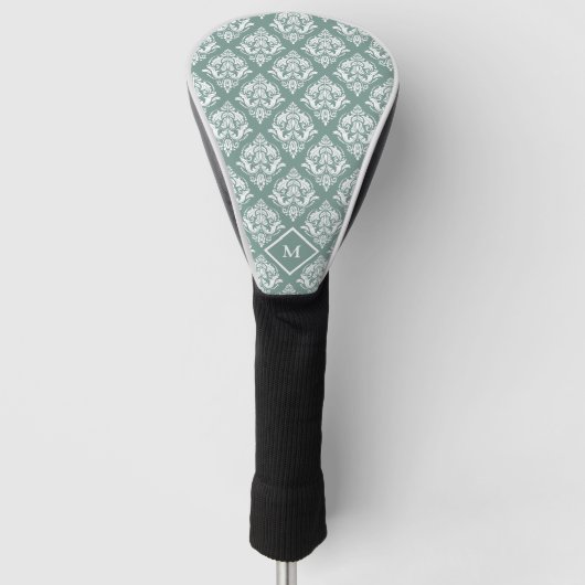 Wit & Salie Groen  Bloemen Damasks Patroon Golfheadcover (Voorkant)